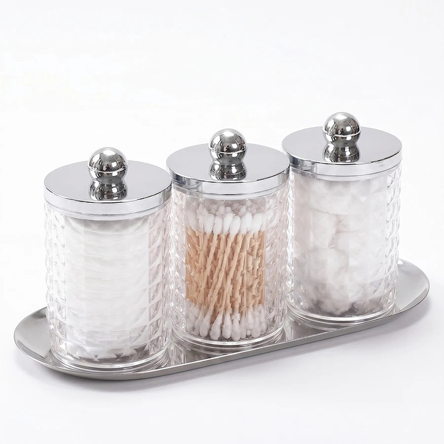 3-Piece Acrylic Q-Tip Holder & Apothecary Jar Set with Vanity Tray – Cotton Organizer with Lids