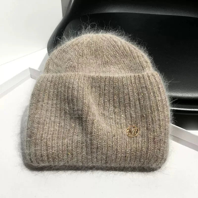 Women's Real Rabbit Fur Knitted Beanie | Sequin Winter Hat