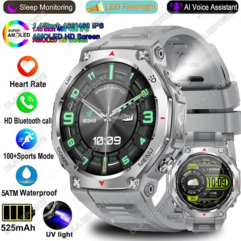 Military-Grade Outdoor Sports Smartwatch 520mAh GPS LED Flashlight Bluetooth Call Fitness Tracking Heart Rate Smart Watch Men Peaceful Pleasures Health and Wellness 2Silver