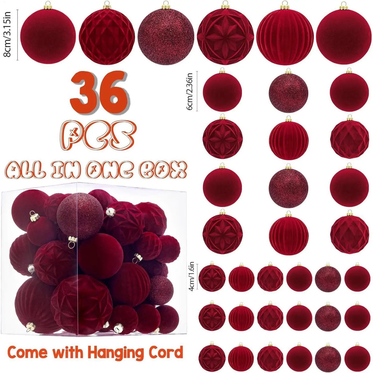 36-Piece Velvet Shatterproof Christmas Ball Ornaments Set