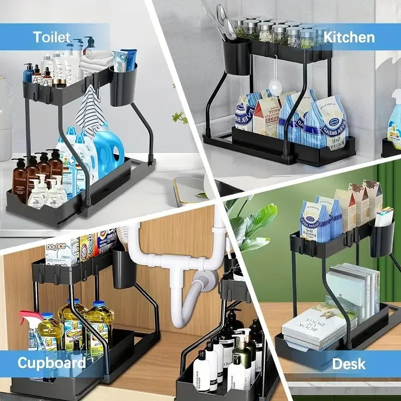2-Tier Pull-Out Storage Organizer for Kitchen & Bathroom