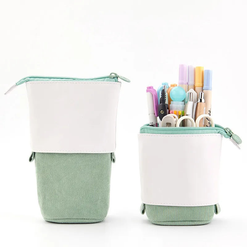 New Creative Retractable Pencil Case Kawaii DIY Printed Pen Case Large Capacity Pen Holder Office Stationery Storage Pencil Bag Peaceful Pleasures Health and Wellness PU corduroy green China Mainland