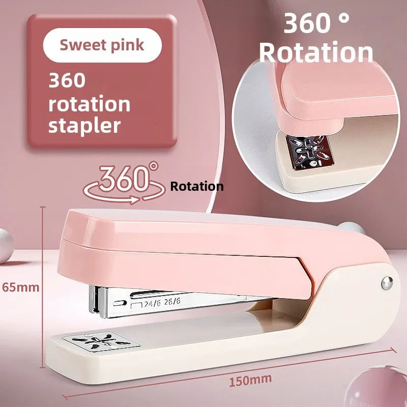 1pc Large 360 degree rotating stapler labor-saving and fashionable office student stapler high aesthetic value stapler Peaceful Pleasures Health and Wellness Pink