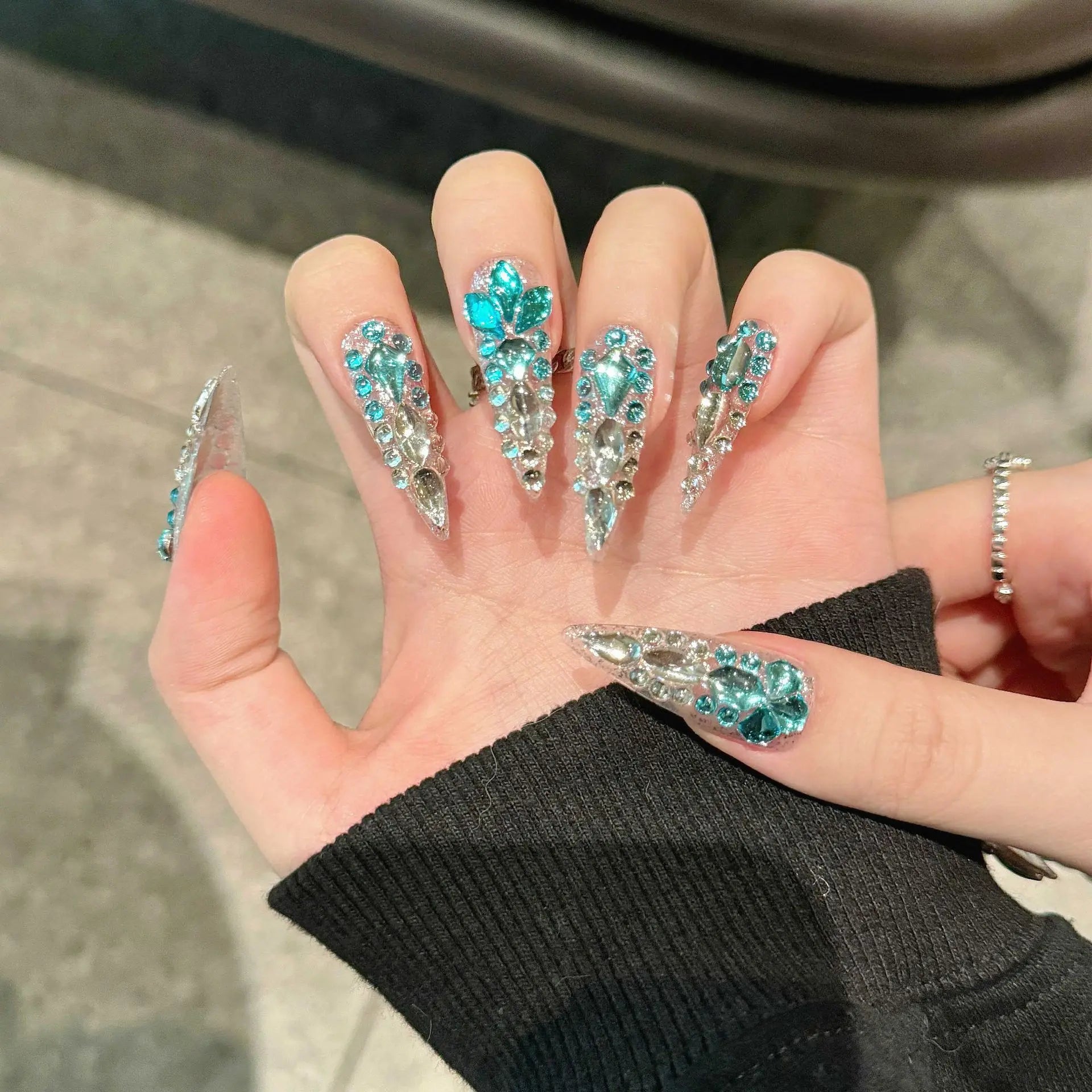 10pcs Rhinestones Handmade Press On Nails Long Pointed Fake Nails Colorful Full Diamond Decor Wearable French Flash False Nails Peaceful Pleasures Health and Wellness