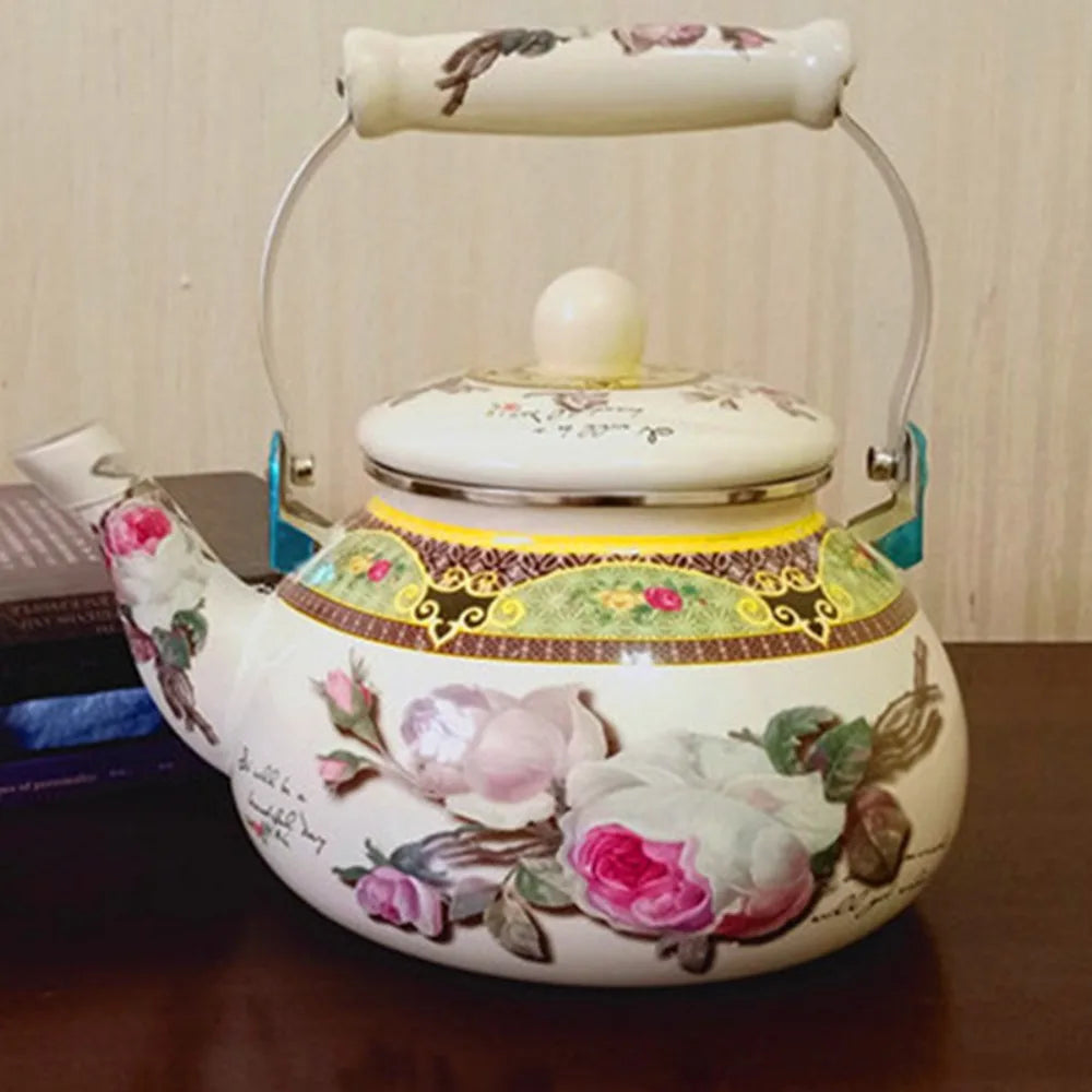 Chinese Style Enamel Teapot Floral Enameled 2.5L Gas Water Kettle Antiscald Handle Pear-shaped Coffee Pot Gas Induction Cooker Peaceful Pleasures Health and Wellness E