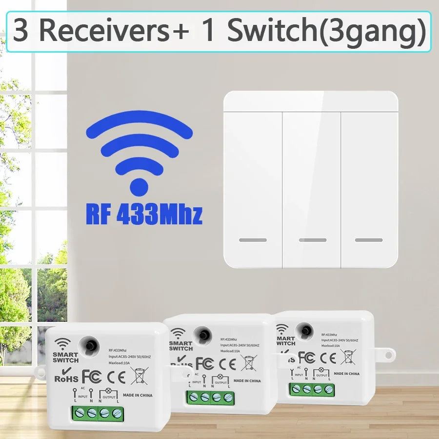 Wireless RF 433Mhz Light Switch 1/2/3Gang Wall Panel Switch Remote Control Interruptor for Home LED Lighting AC 100-240V 10A Peaceful Pleasures Health and Wellness 3 Receiver 1 Switch