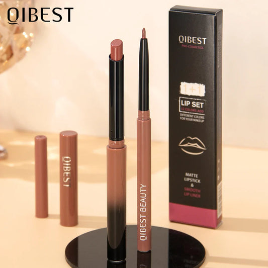 QiBest Matte Nude Lipstick & Lip Liner Set – Waterproof 2-Pc Lip Makeup Set Oasis Select