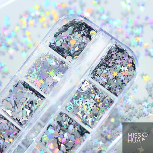 12-Grid Laser Nail Glitter Set – Star & Love DIY Nail Art Nail Art Glitter Set Peaceful Pleasures Health and Wellness