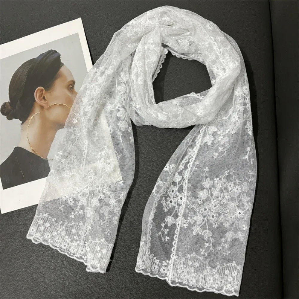 Retro Floral Lace Scarf – Breathable Mesh Shawl for Women