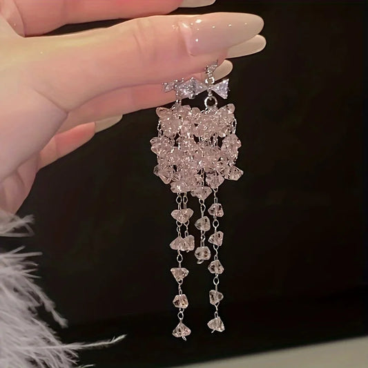 Sweet and Gentle Earrings Summer Pink Light Luxury Long Crystal Tassel Earrings Exquisite Personalized Light Luxury Ear Buckles Peaceful Pleasures Health and Wellness