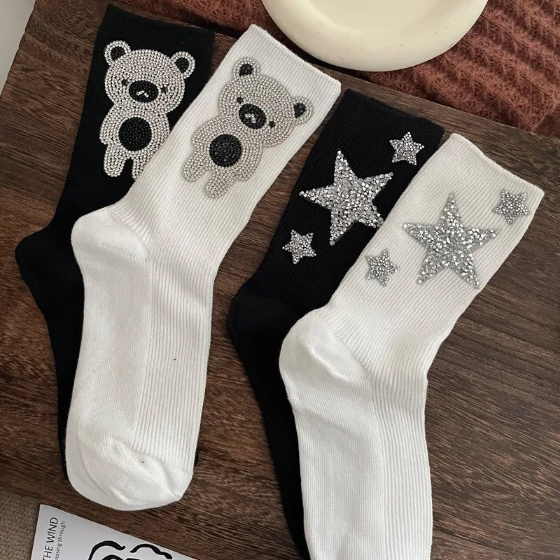 Diamond Cartoon Bear Decorative Socks, Fashionable Diamond Sparkling Women's Socks, Comfortable And Breathable Christmas Socks Peaceful Pleasures Health and Wellness