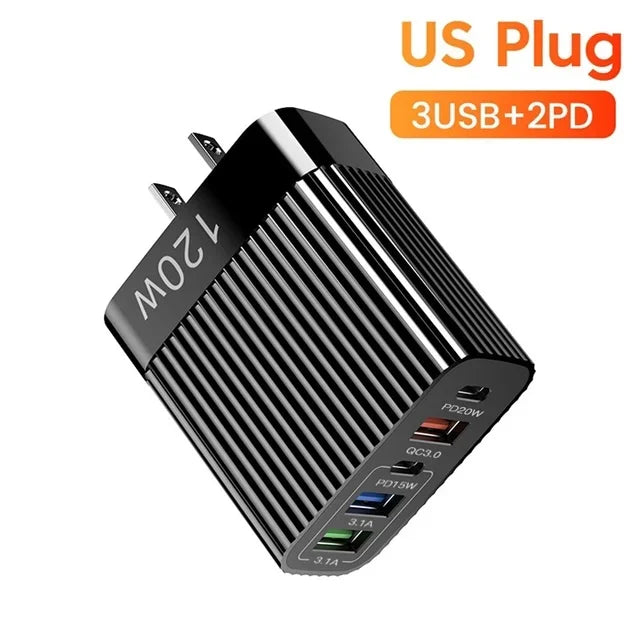 5-Port 120W USB-C PD Wall Charger – Fast Charge iPhone & Android