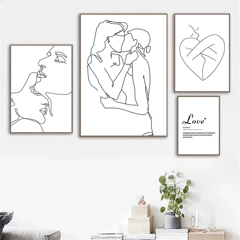 Black And White Line Drawing Couple Kiss Canvas Prints Heart Art Painting Hand In Hand Poster Minimalist Pictures Home Decor Peaceful Pleasures Health and Wellness