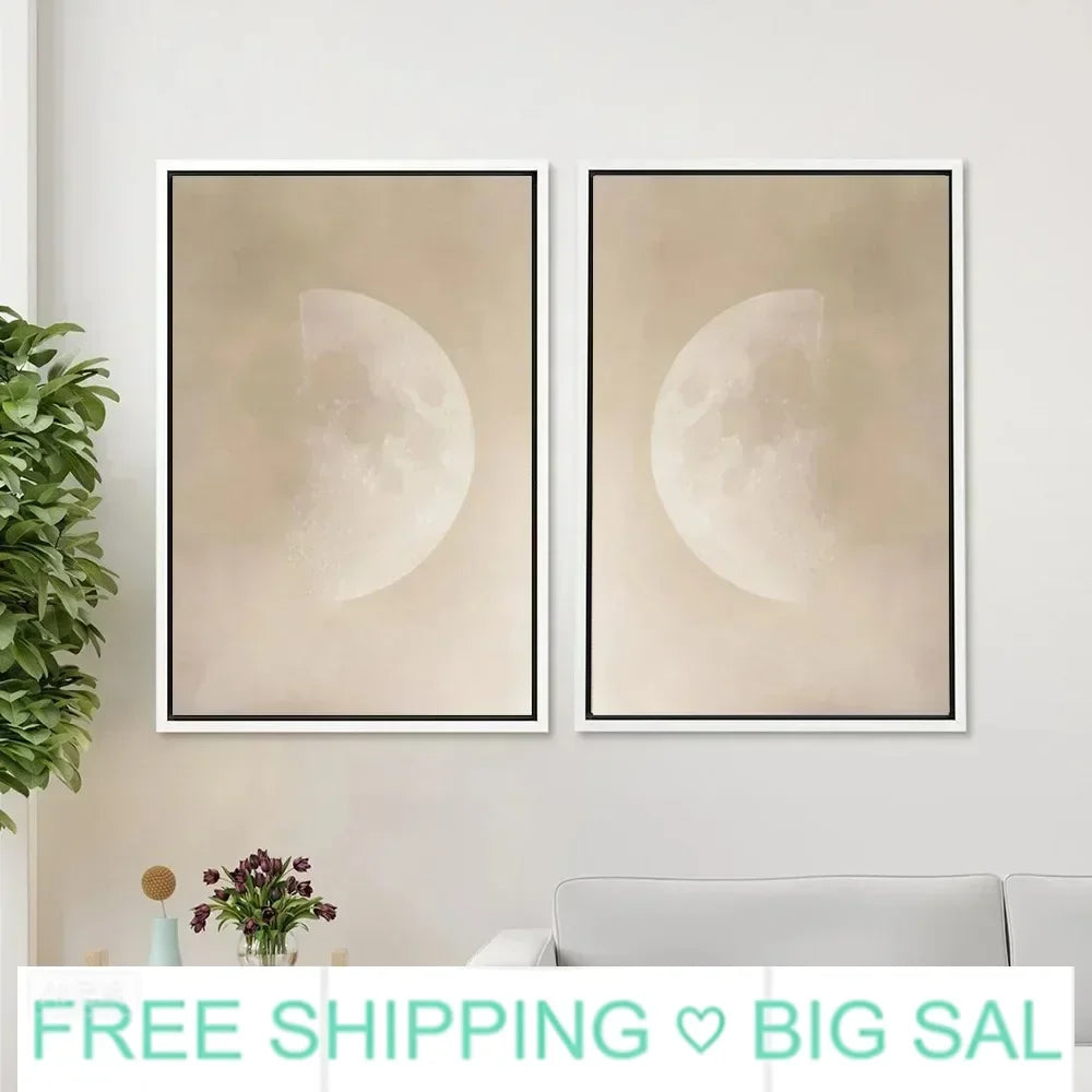 Retro Beige Full Moon Canvas Wall Art | Lunar Print Décor