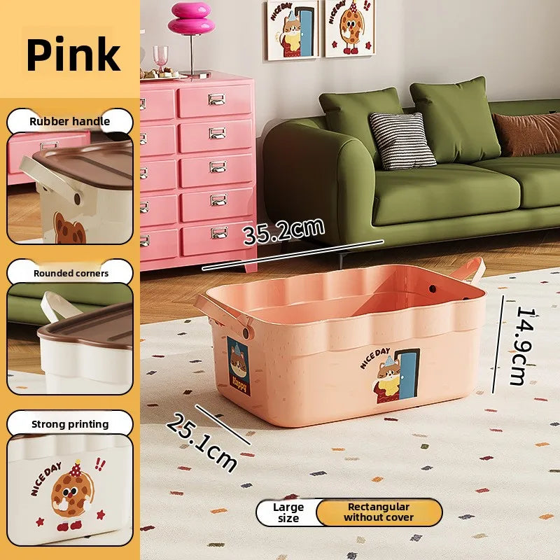 Cartoon Pattern Lidded Storage Box for Toys Snacks Dustproof Desktop Container Household Storage Solution for Various Items Peaceful Pleasures Health and Wellness Pink without Lid L 1 Pc