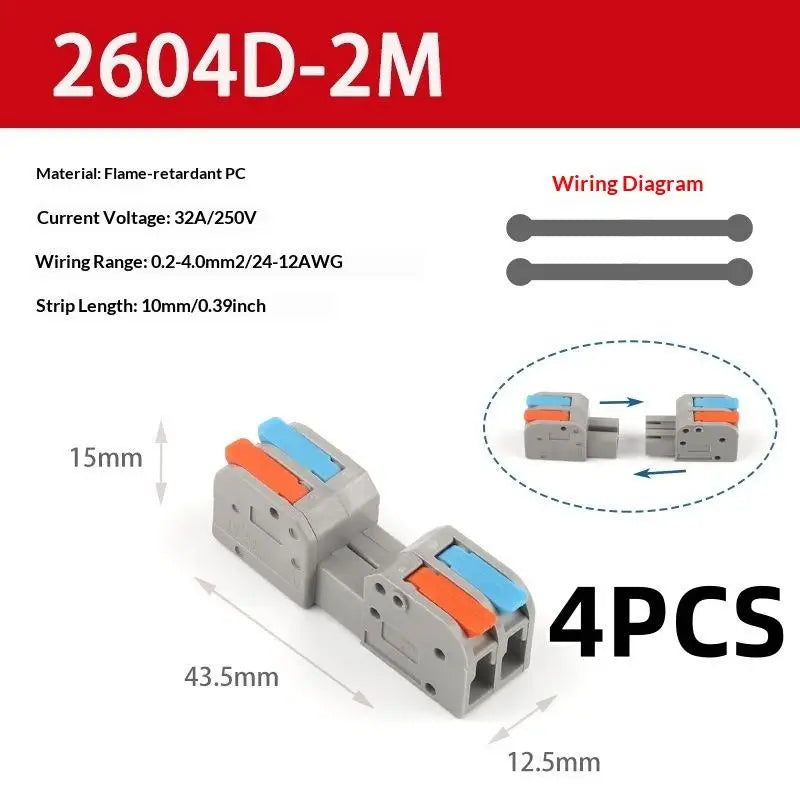 2/4Pcs Universal Compact Electrical Wiring Connectors Push-in Butt Conductor Terminal Block Docking Mini Quick Wire Connector Peaceful Pleasures Health and Wellness 2604D 2M 4pcs