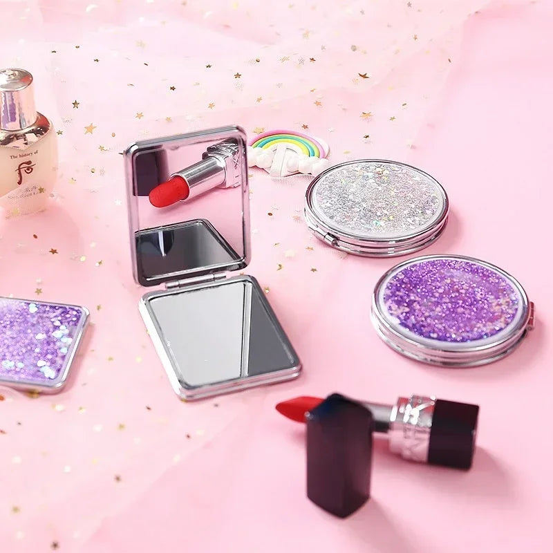 Portable Double-Sided Folding Cosmetic Mirror Female Gifts With Flowing Sparkling Sand Mini Makeup Mirror Compact Pocket Mirrors Peaceful Pleasures Health and Wellness