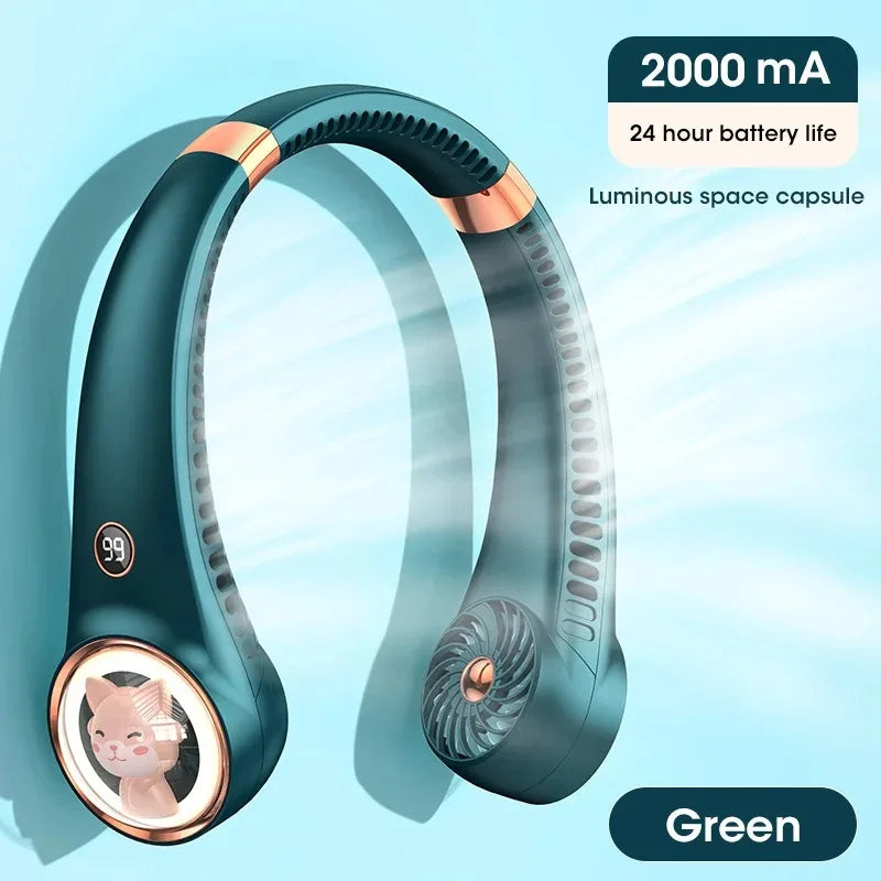 Bladeless Cute Cat Neck Fan USB Rechargeable Mini with Digital Display 2000mAh Battery for Outdoor Travel Peaceful Pleasures Health and Wellness Green