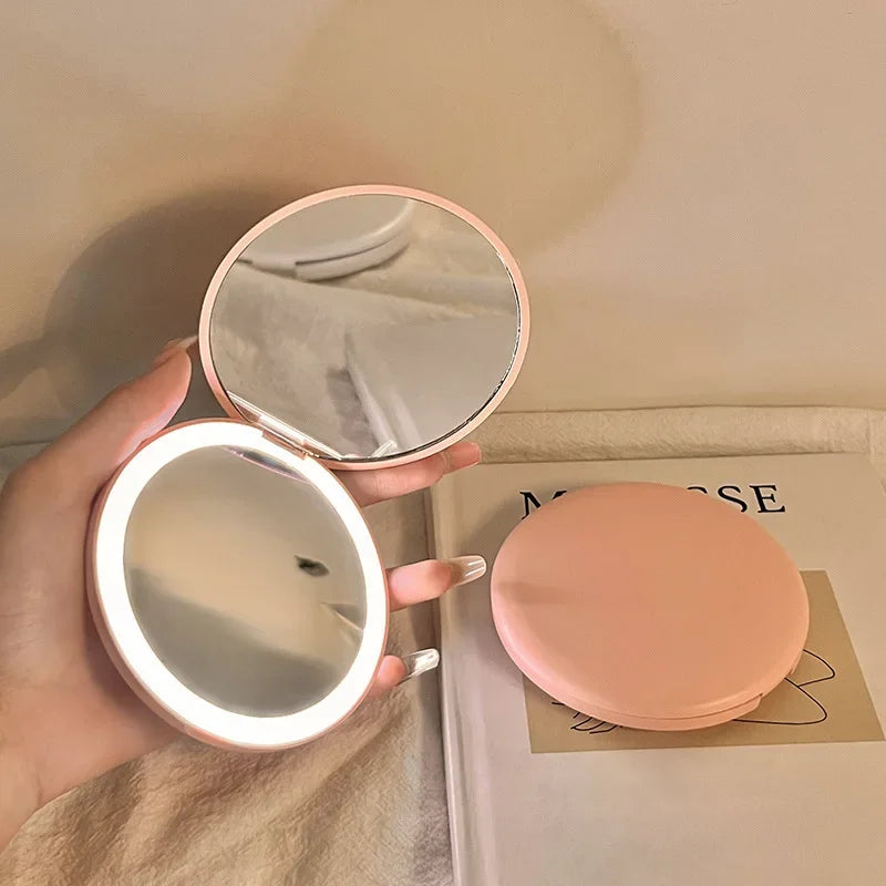 New Makeup Mirror Portable Portable Small Mirror with Light LED Touch Up Mirror Pocket Handheld Illuminated Folding Round Mirror Peaceful Pleasures Health and Wellness pink