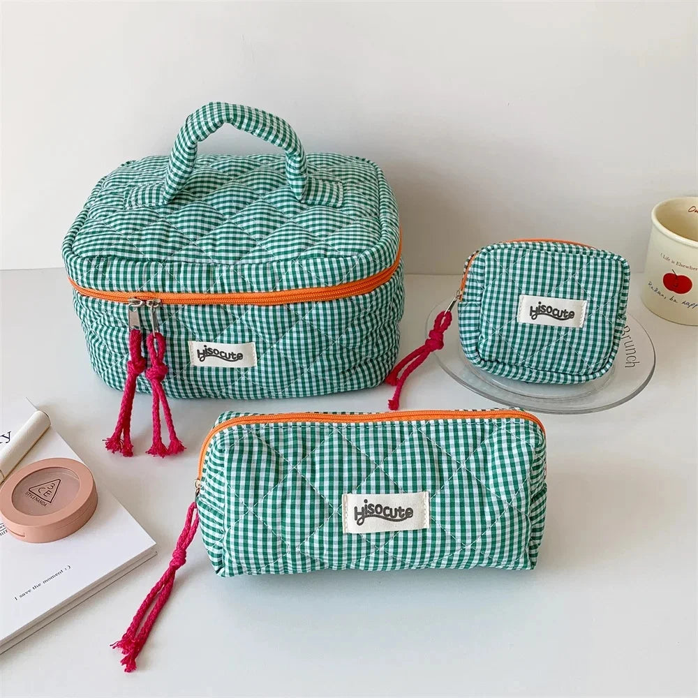 3-Piece Plaid Cosmetic Bag Set – Large Capacity Toiletry Organizer