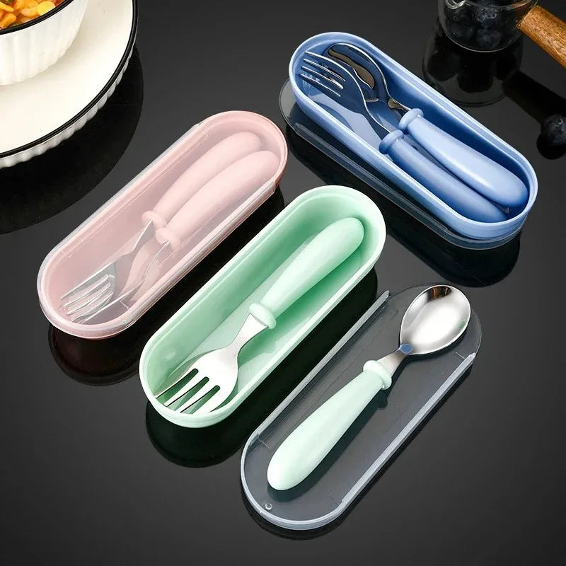 3-Piece 304 Stainless Steel Portable Cutlery Set – Fork, Spoon & Storage Box, Korean Style, Dishwasher Safe