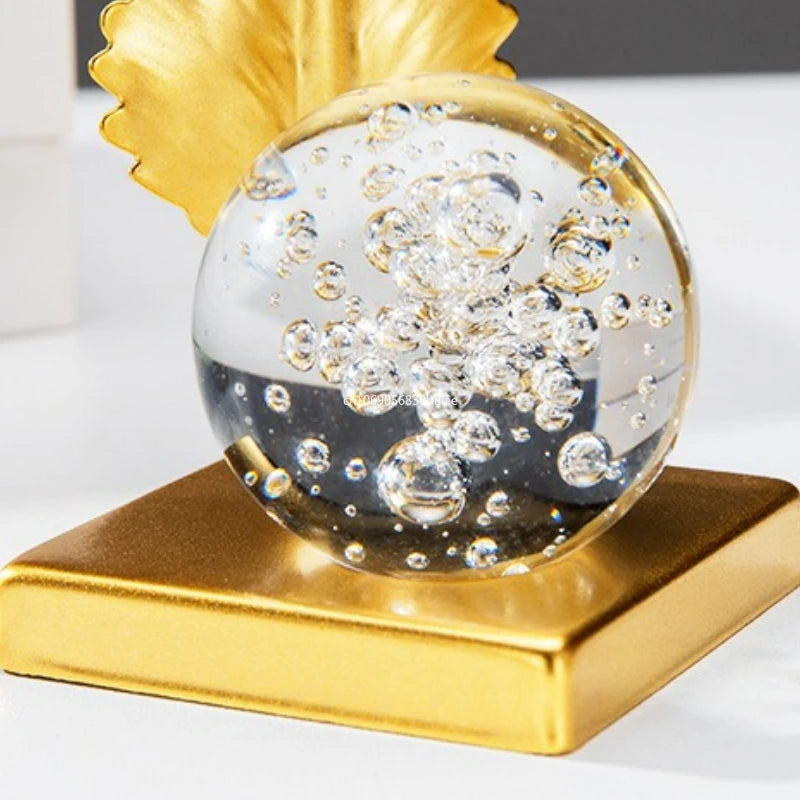 Gold Ginkgo Leaf Iron Crafts Ornaments Light Luxury Crystal Ball Decoration Living Room Wine Cabinet TV Cabinet Art Decoration Peaceful Pleasures Health and Wellness