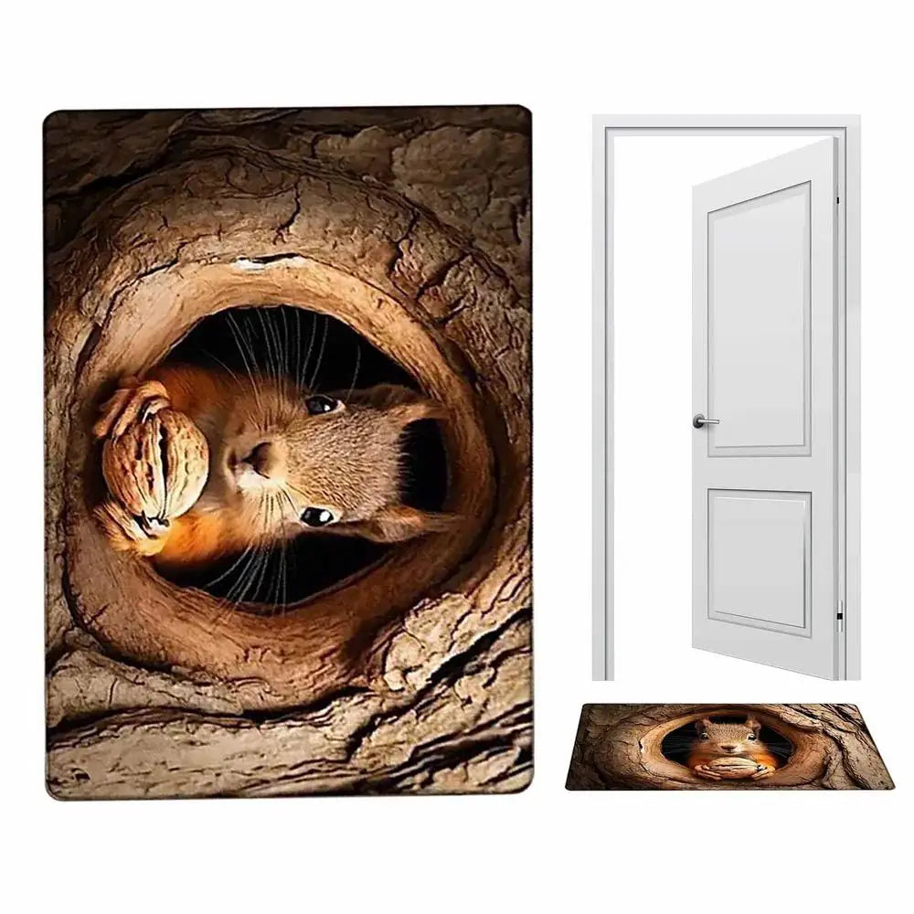 3D Optical Illusion Rug | Squirrel & Dog Non-Slip Floor Mat