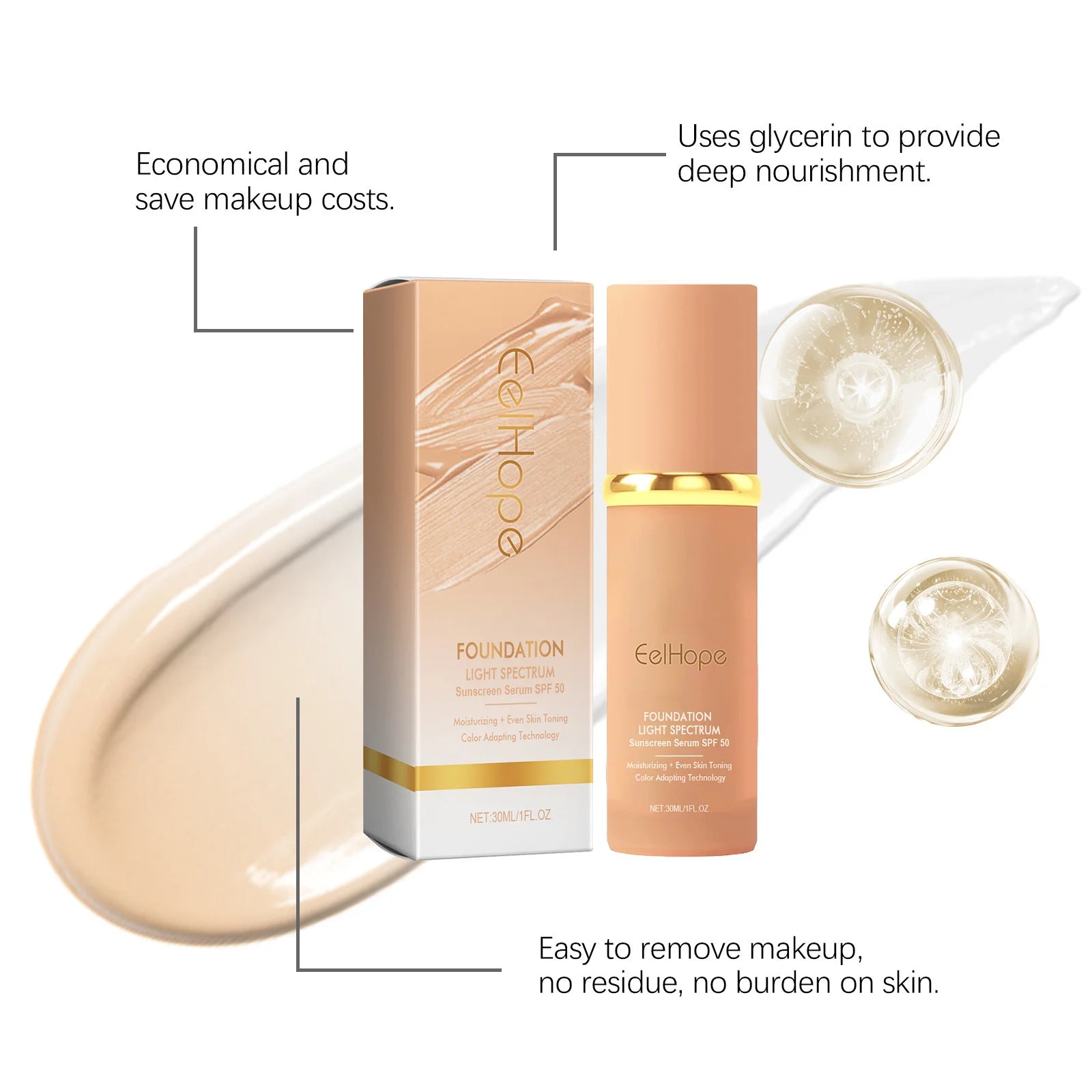 Eelhope 4-in-1 Color Changing Foundation SPF 50+ Matte 30ml Liquid Foundation Peaceful Pleasures Health and Wellness