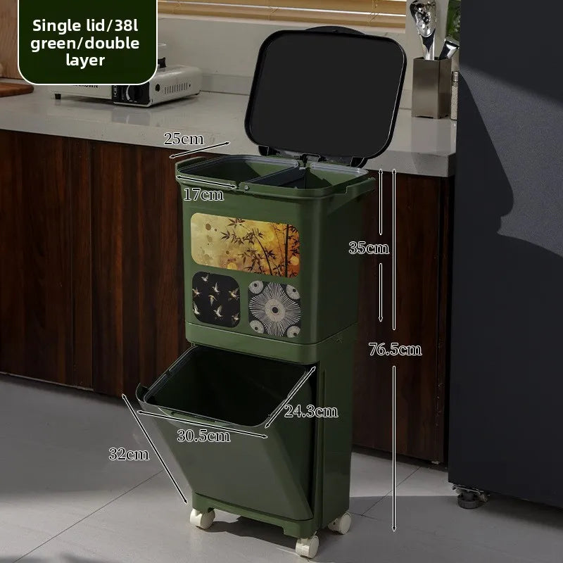 Vintage-Style Kitchen Trash Bin - Large Capacity, No Bending, Double Layer Wet/Dry Separation, Home Essential Peaceful Pleasures Health and Wellness Single 38L Green