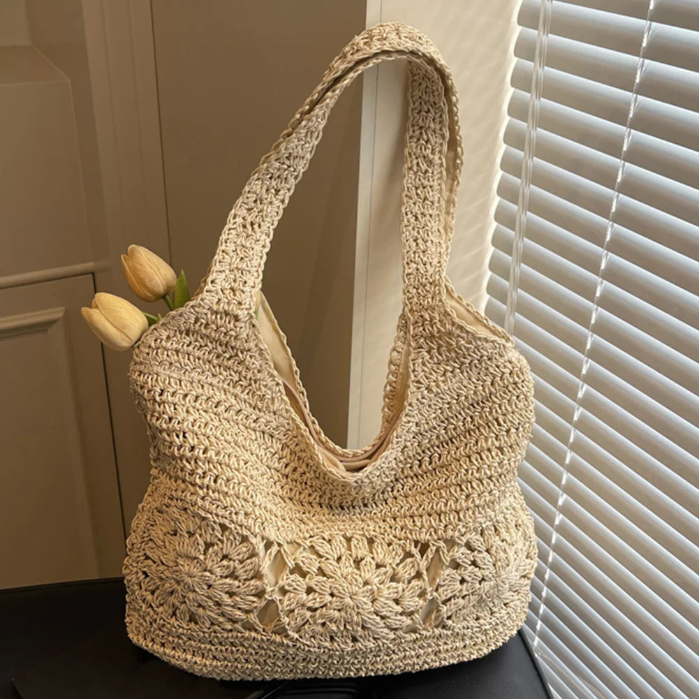 Large Woven Straw Beach Bag – Zipper Shoulder Tote for Women Peaceful Pleasures Health and Wellness White United States