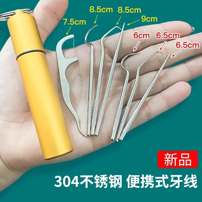 1Set Toothpick Set Metal Stainless Steel Oral Cleaning Tooth Flossing Portable Toothpick Floss Teeth Cleaner with Storage Tube Peaceful Pleasures Health and Wellness gold 7pcs