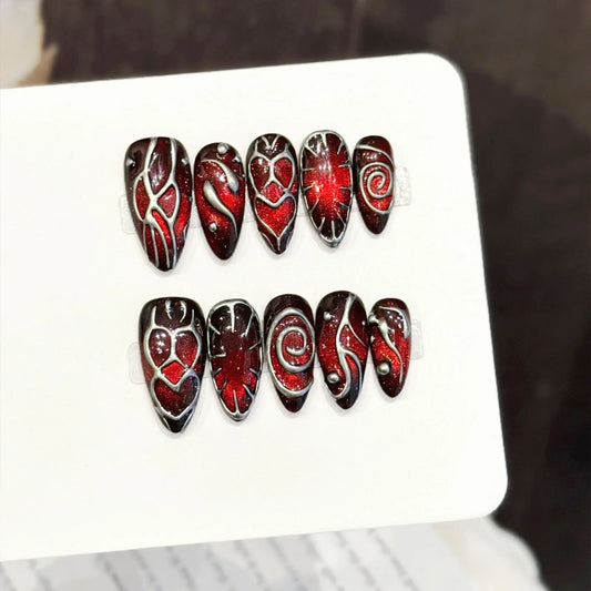 10pcs Handmade Press on Nails Retro Red Brown Cat's Eye Fake Nail Tips Wearable Y2K Long Almond Flash Cool 3D False Nails Decor Peaceful Pleasures Health and Wellness XS