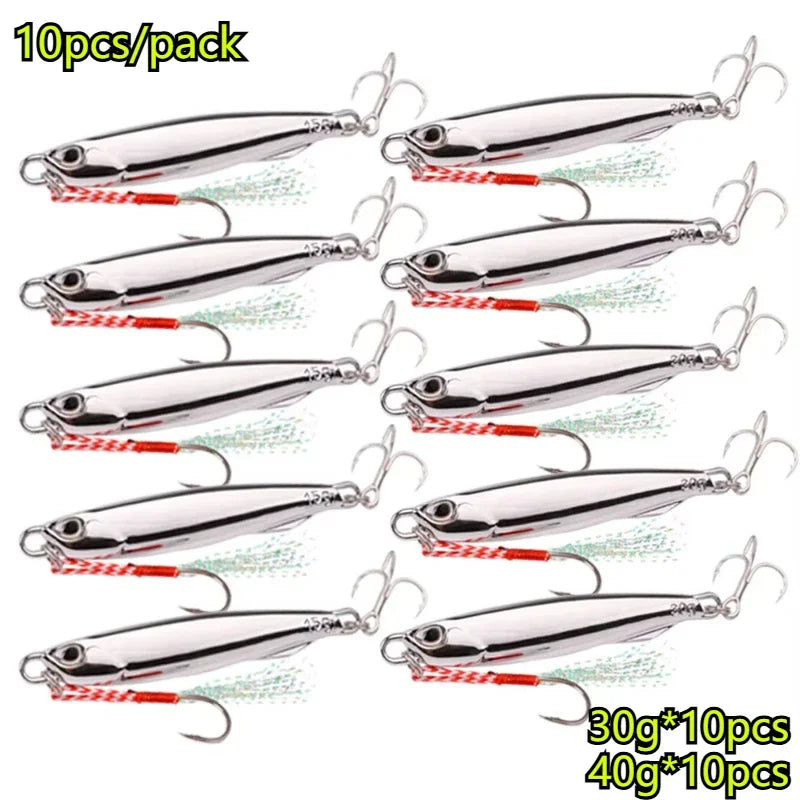 2026 New 10Pcs Metal Jig Lures, 20/30/40g Plating Silvery Bait, Durable Saltwater Sea Fishing Lure for Bass Fishing Peaceful Pleasures Health and Wellness