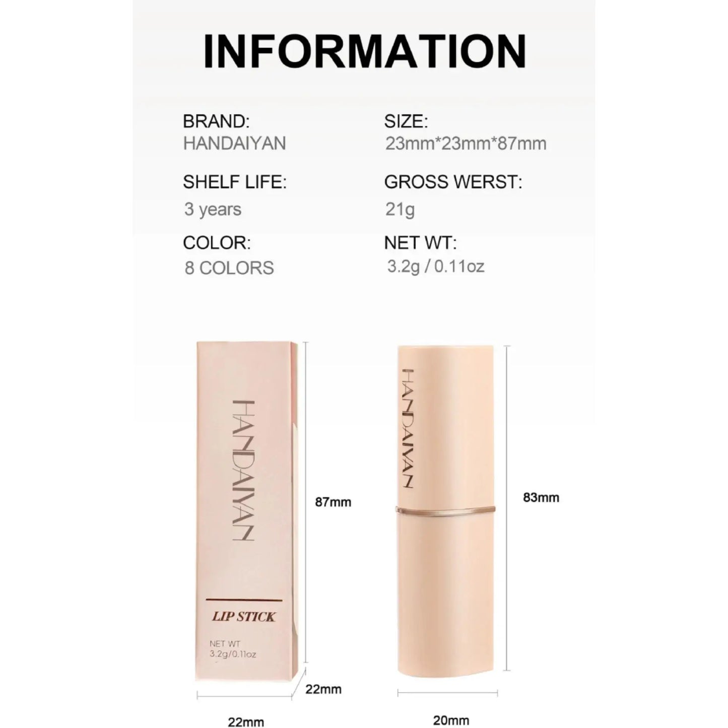Handaiyan Matte Velvet Lipstick – Waterproof, 8 Colors