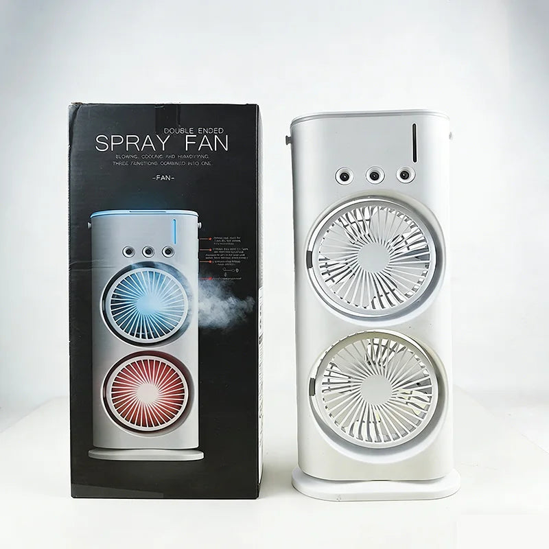 Portable water mist fan, summer mini evaporative air cooler, household double-head water-cooled fan with LED lights Peaceful Pleasures Health and Wellness WHITE
