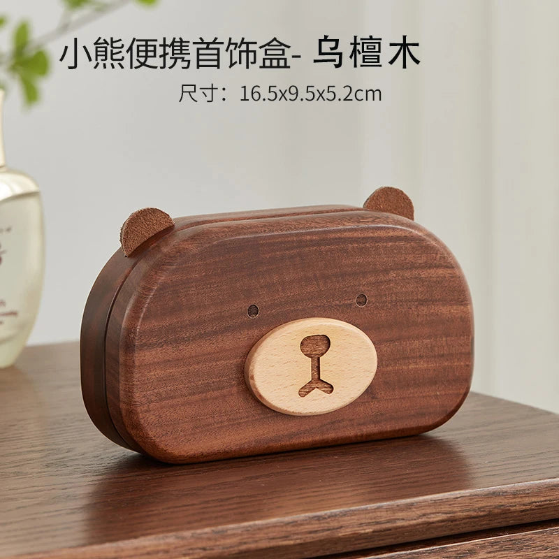 Solid Wood Bear Jewelry Boxes Small Exquisite Ring Necklace Storage Box Portable Jewelry Organizer Cute Home Desktop Decoration Peaceful Pleasures Health and Wellness ebony