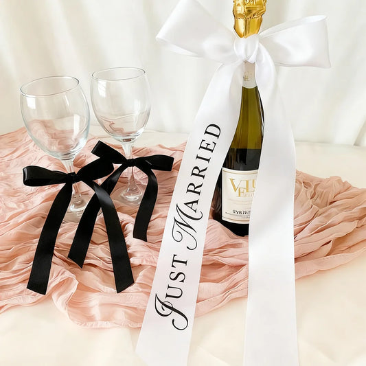 5-Piece Just Married White Bow Ribbon Placecards | Wedding Decor Wedding Placecards Peaceful Pleasures Health and Wellness