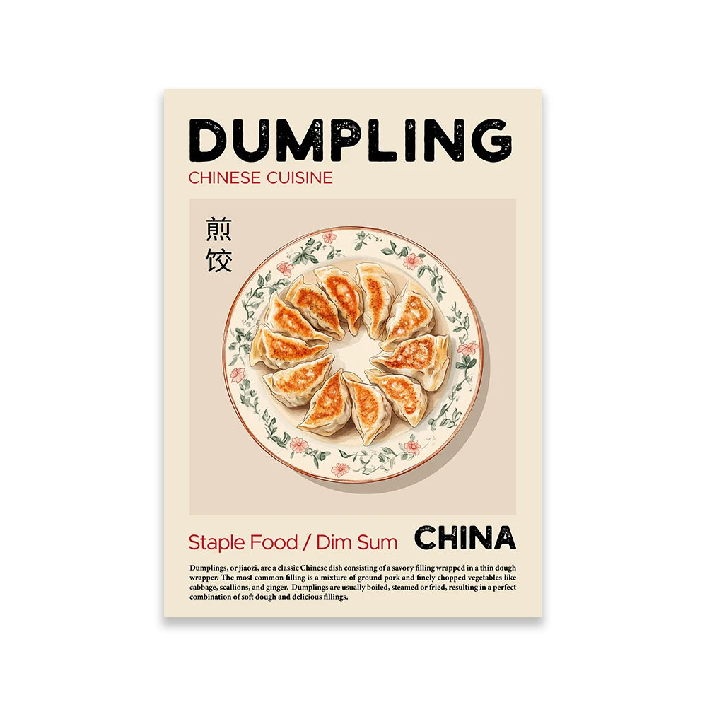 Kitchen Food Poster Pizza Ramen Sushi Spaghetti Kimchi Pancakes Croissant Dumpling Wall Art Canvas Print for Dinning Room Decor Peaceful Pleasures Health and Wellness 15 20x30cm