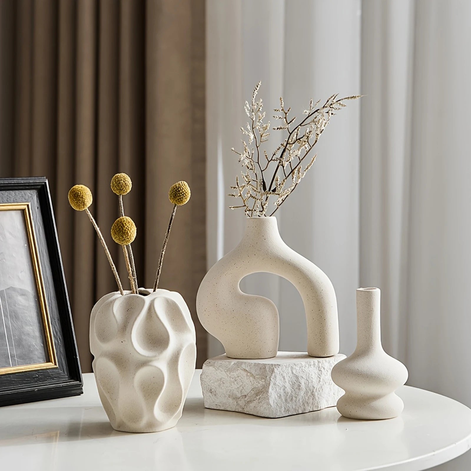 3pcs Bohemian Ceramic Vase Set Modern Minimalist Round & Donut Shape Geometric Pattern Perfect For Fashion Home Decoration Peaceful Pleasures Health and Wellness