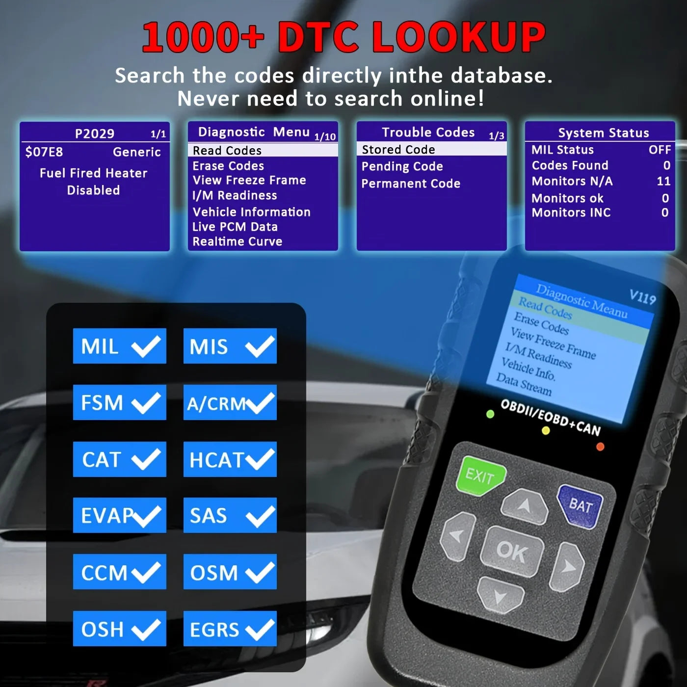 Obd2 Car Diagnostic Tool V119 - Engine Fault Code Reader and Diagnostic Tool, Compatible with All Vehicles since 1996, Supports up to 36V, No Batteries Required Peaceful Pleasures Health and Wellness