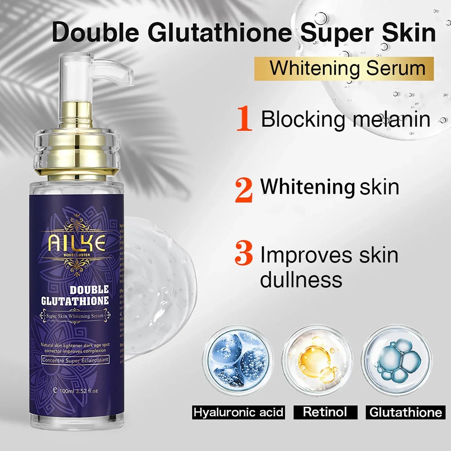 Double Glutathione Super Skin Whitening Serum with branding and product features on a gradient background