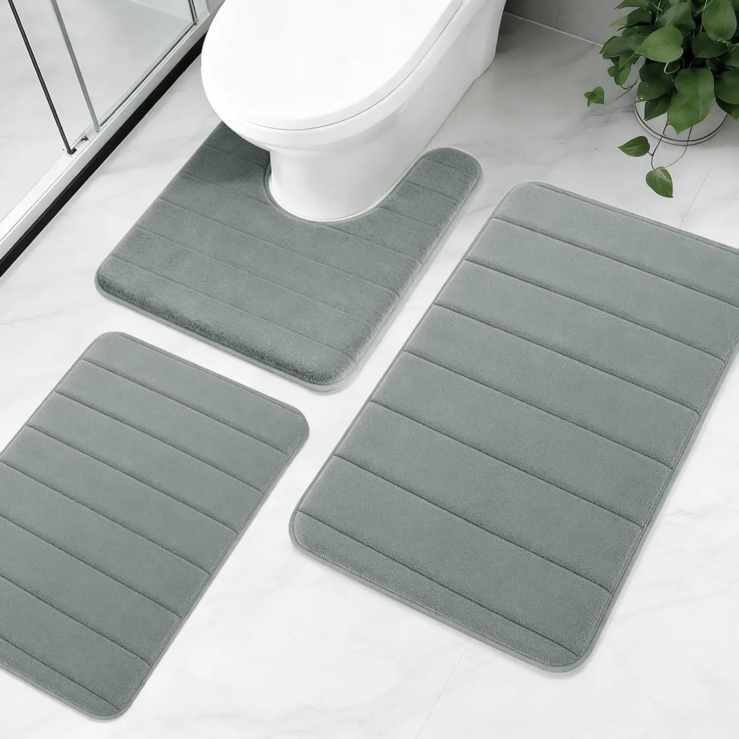 3Piece Non-Slip Bath Mat Set Memory Foam Bathroom Rugs Water Absorbent Shower Mat Machine Washable Toilet Mat for Bathroom Floor Peaceful Pleasures Health and Wellness Light gray