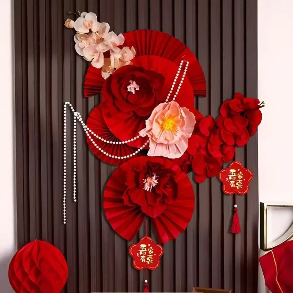 2025 Chinese New Year Wall Decoration Paper DIY Crafts Flower Backdrop Red Party Supplies Spring Festival Background Home Decor Peaceful Pleasures Health and Wellness E