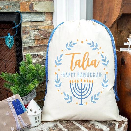 Personalized Hanukkah Drawstring Gift Bag with Child's Name Holiday Gift Bag Peaceful Pleasures Health and Wellness