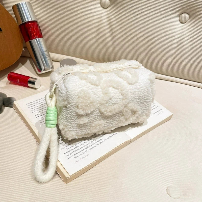 Plush Makeup Bag with Handle | Love Print Travel Cosmetic Pouch