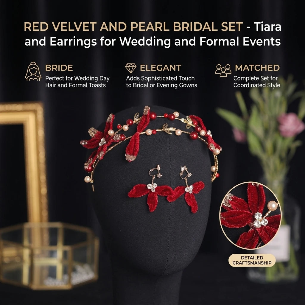 Red Velvet Bridal Headband Earring Set For Chinese Wedding Toast Ceremony Peaceful Pleasures Health and Wellness