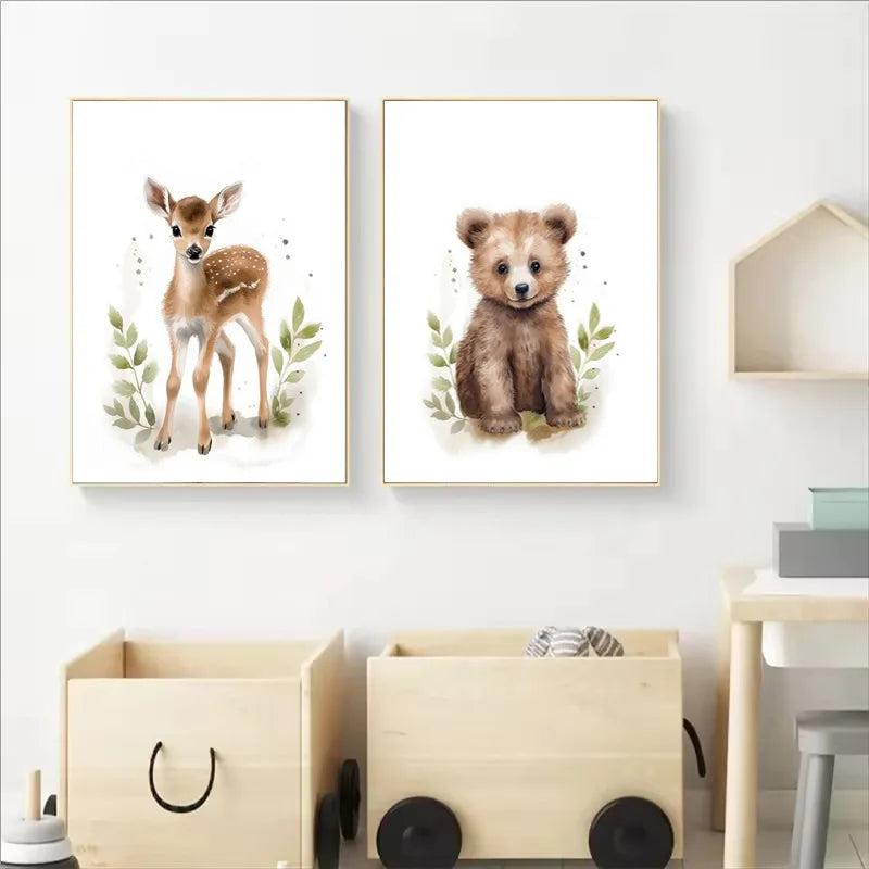Watercolour Kawaii Woodland Baby Animals Bear Rabbit Raccoon Poster Canvas Painting Wall Art Pictures Home Bedroom Decor Peaceful Pleasures Health and Wellness