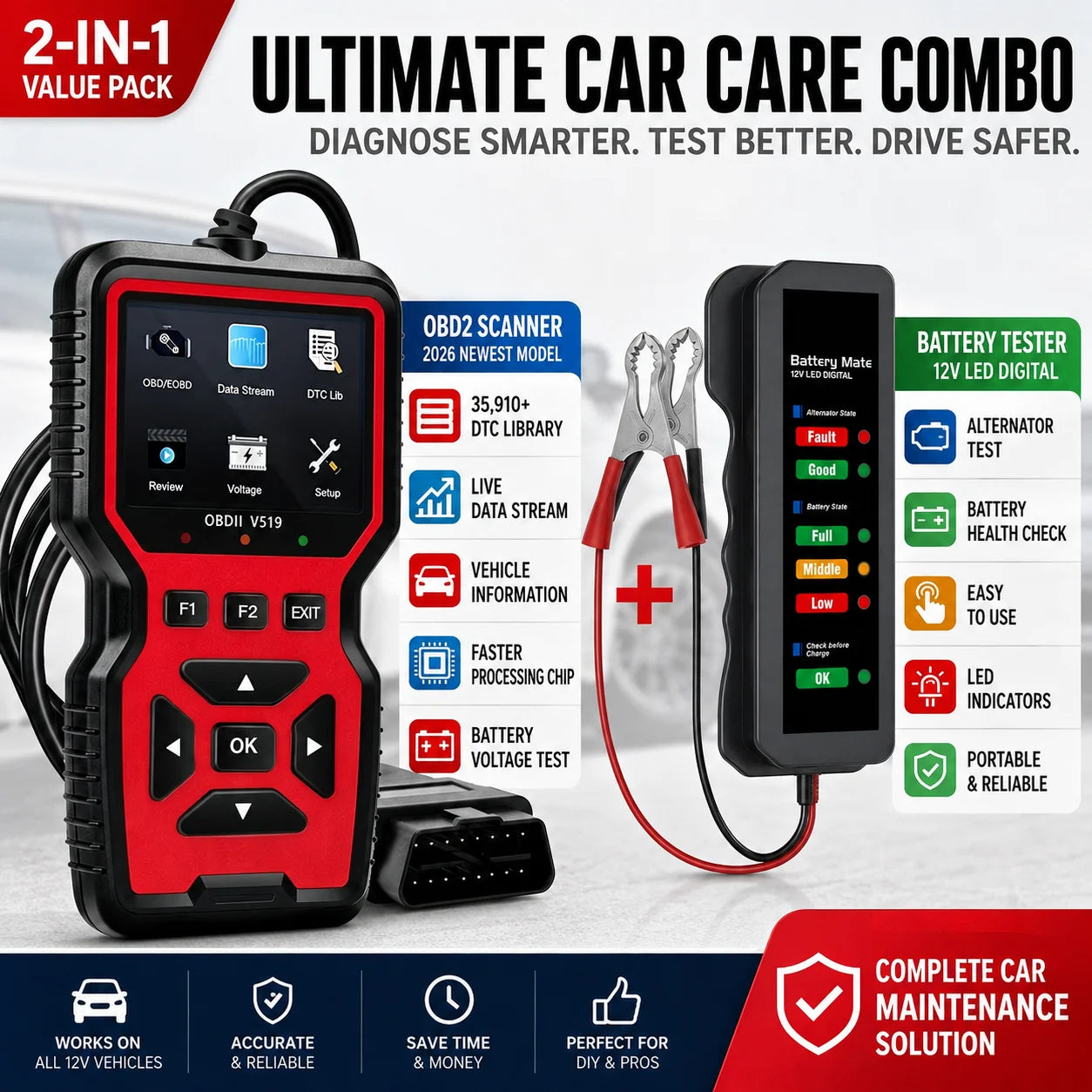 OBD2 Car Diagnostic Scanner & Battery Tester Combo Kit (2-Piece) Peaceful Pleasures Health and Wellness Default Title