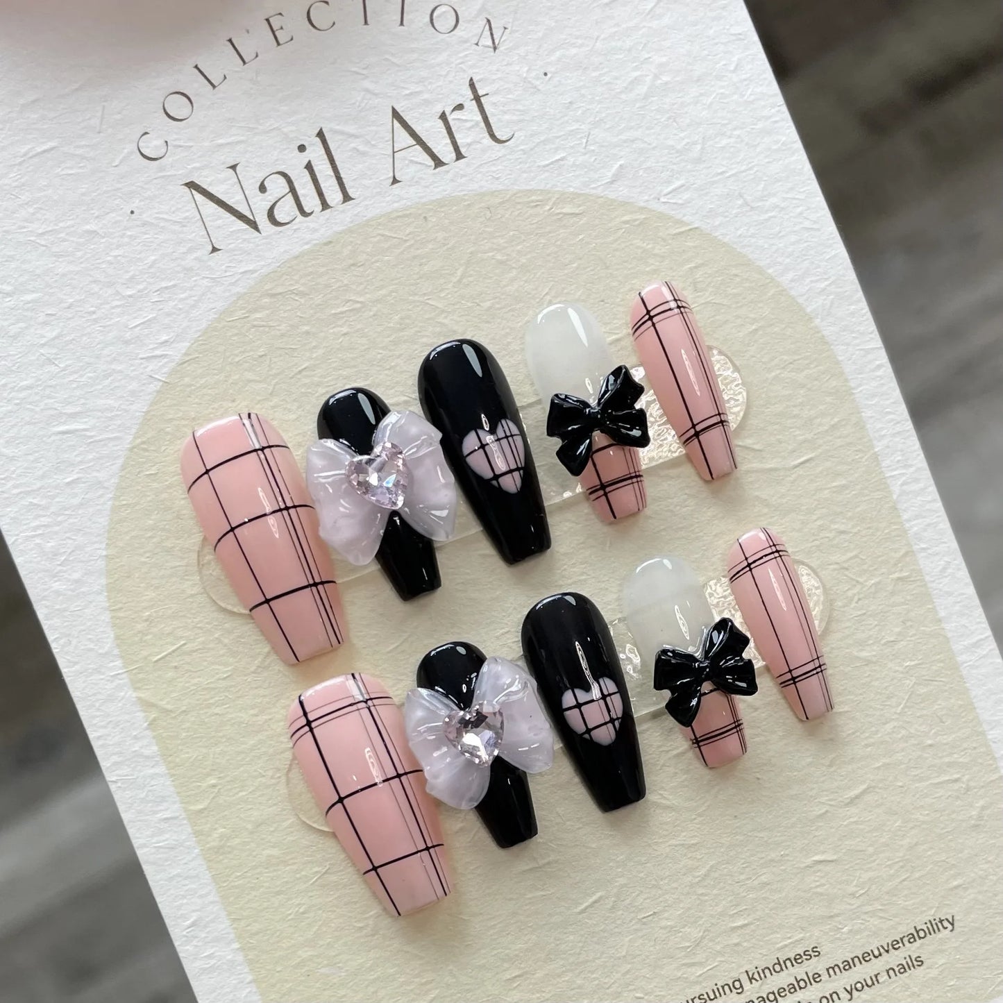 Korean Press-On Nails Black Bowknot Grid Design – 10pc Set