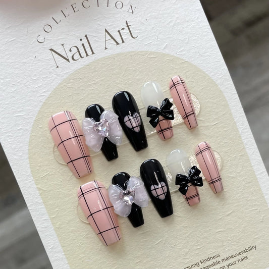 Korean Press-On Nails Black Bowknot Grid Design – 10pc Set Press-On Nail Set Peaceful Pleasures Health and Wellness S 1